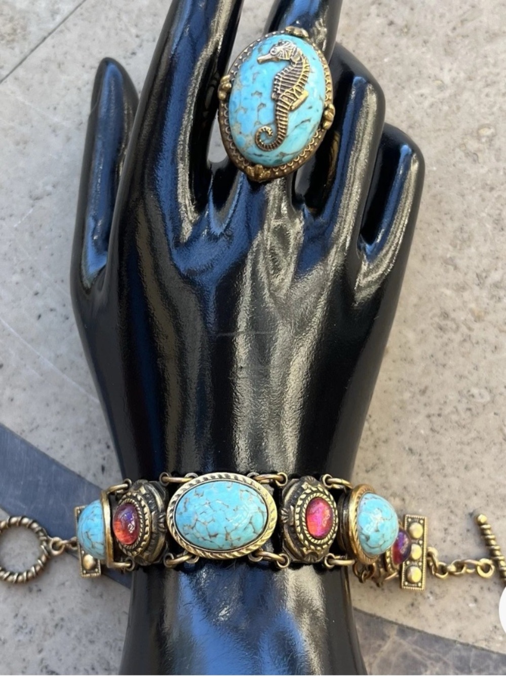 Artisan Turquoise and Coral Seahorse Bracelet and Ring  Set